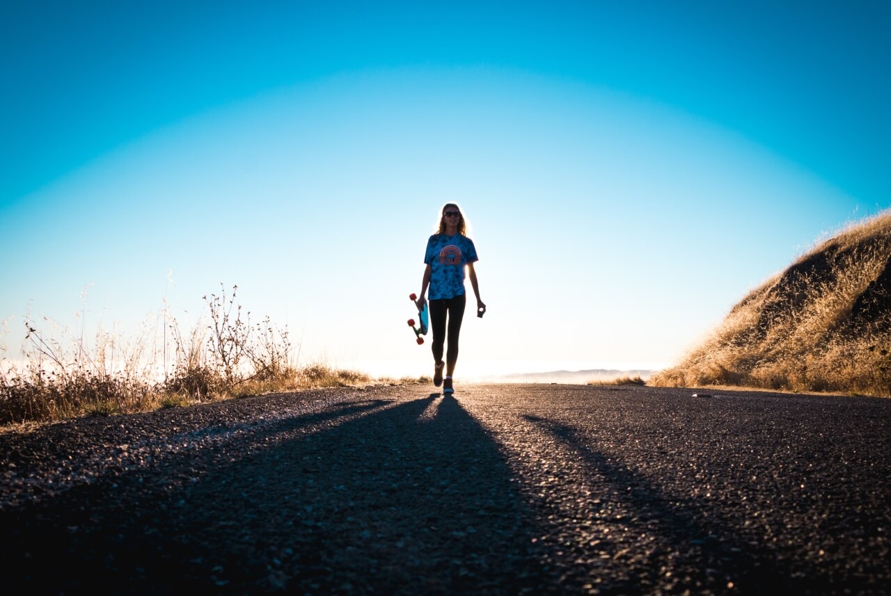 girl, road, confident, sunrise