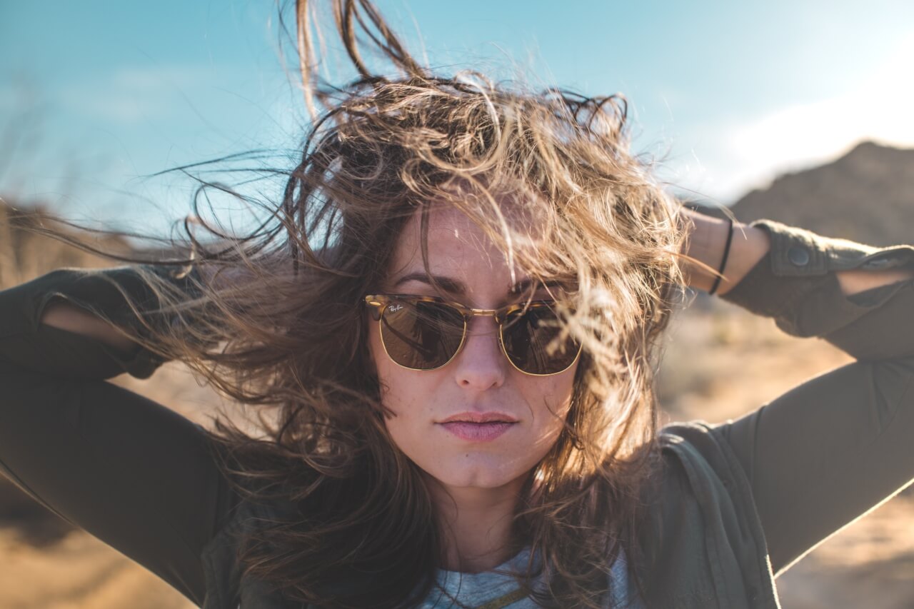 girl, sunglasses, wind, wild hair